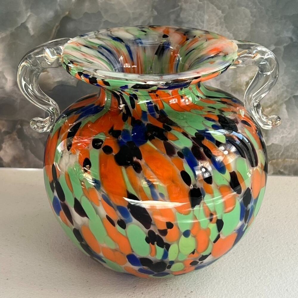 Vintage Hand Blown Art Glass Comfety Spotted Heavy Vase 2 Handles